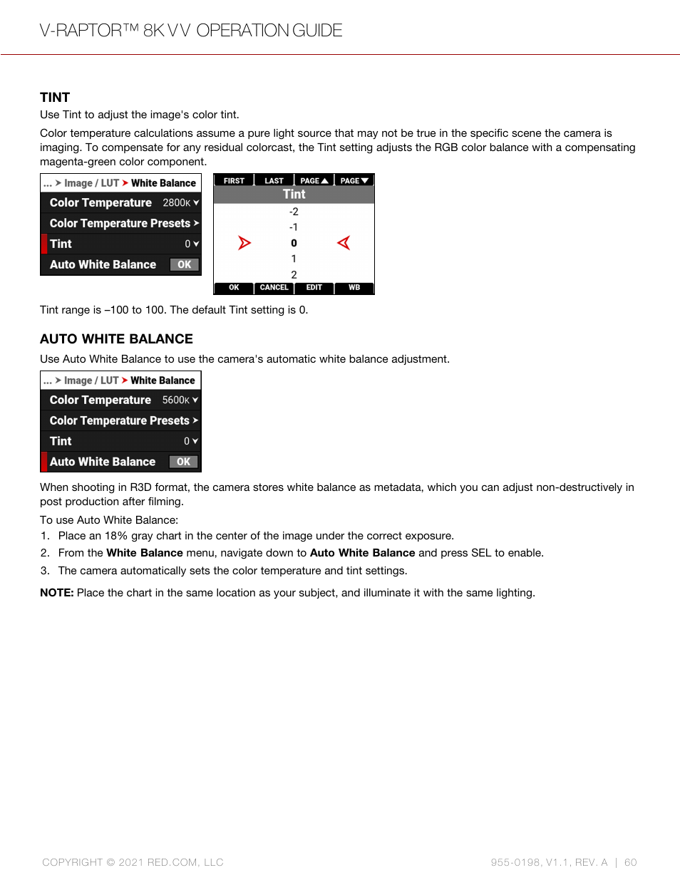 Tint, Auto white balance, V-raptor™ 8k v v operation guide | RED DIGITAL CINEMA V-RAPTOR 8K VV DSMC3 Camera (RF, Black) User Manual | Page 67 / 226