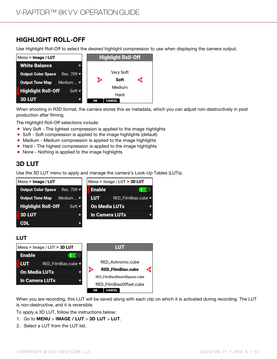 Highlight roll-off, 3d lut, V-raptor™ 8k v v operation guide | RED DIGITAL CINEMA V-RAPTOR 8K VV DSMC3 Camera (RF, Black) User Manual | Page 69 / 226