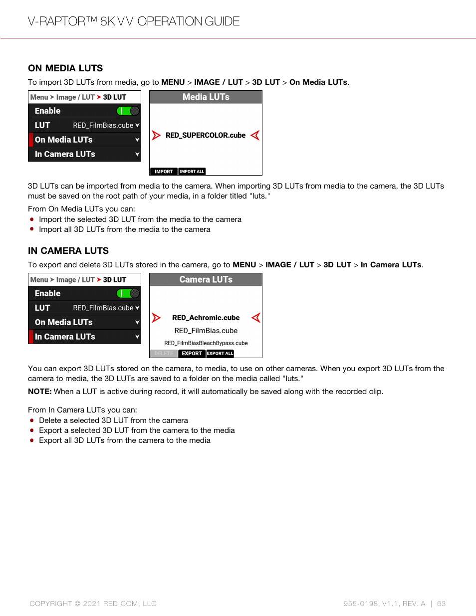 V-raptor™ 8k v v operation guide | RED DIGITAL CINEMA V-RAPTOR 8K VV DSMC3 Camera (RF, Black) User Manual | Page 70 / 226