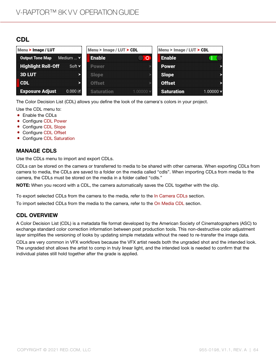 V-raptor™ 8k v v operation guide | RED DIGITAL CINEMA V-RAPTOR 8K VV DSMC3 Camera (RF, Black) User Manual | Page 71 / 226