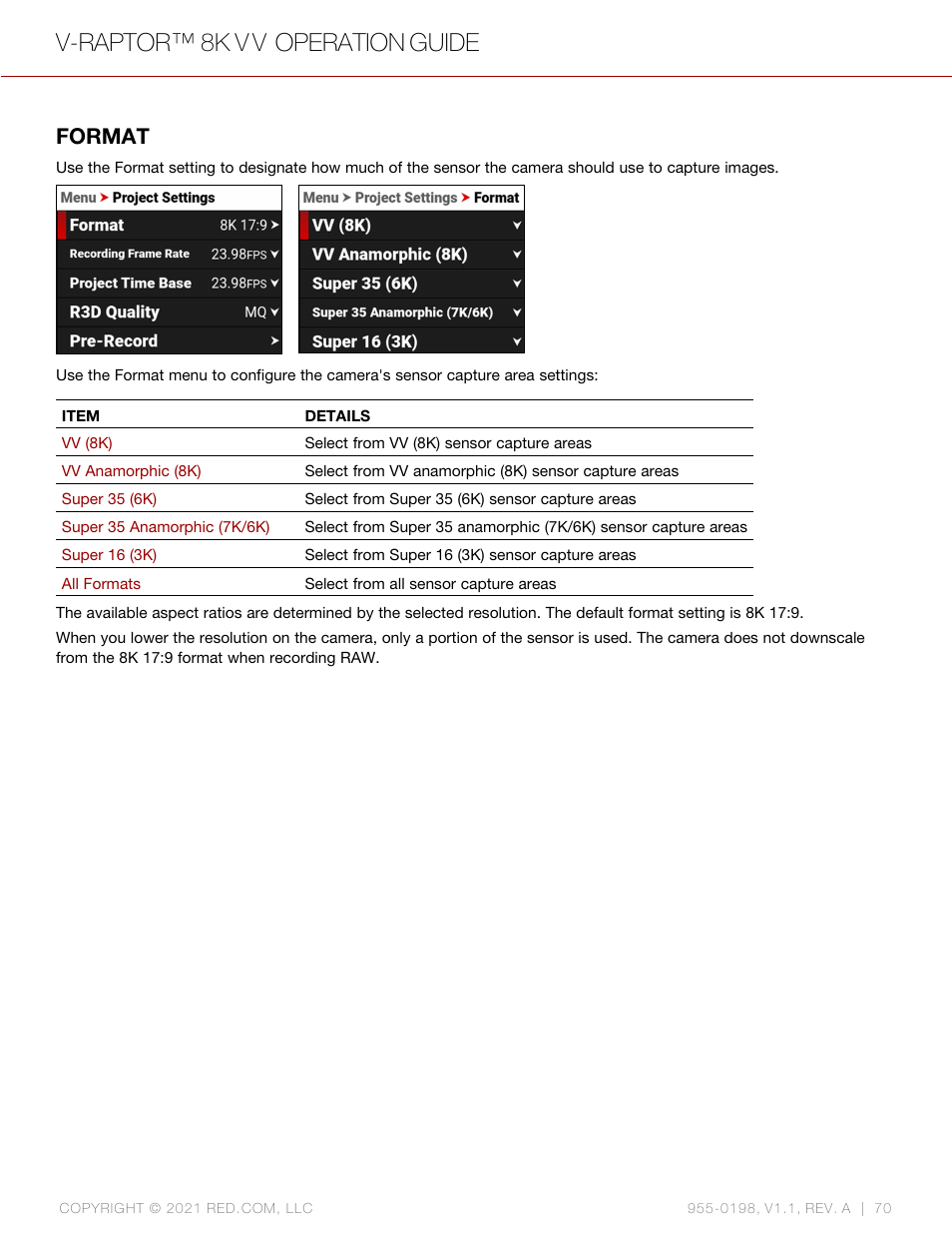 Format, V-raptor™ 8k v v operation guide | RED DIGITAL CINEMA V-RAPTOR 8K VV DSMC3 Camera (RF, Black) User Manual | Page 77 / 226