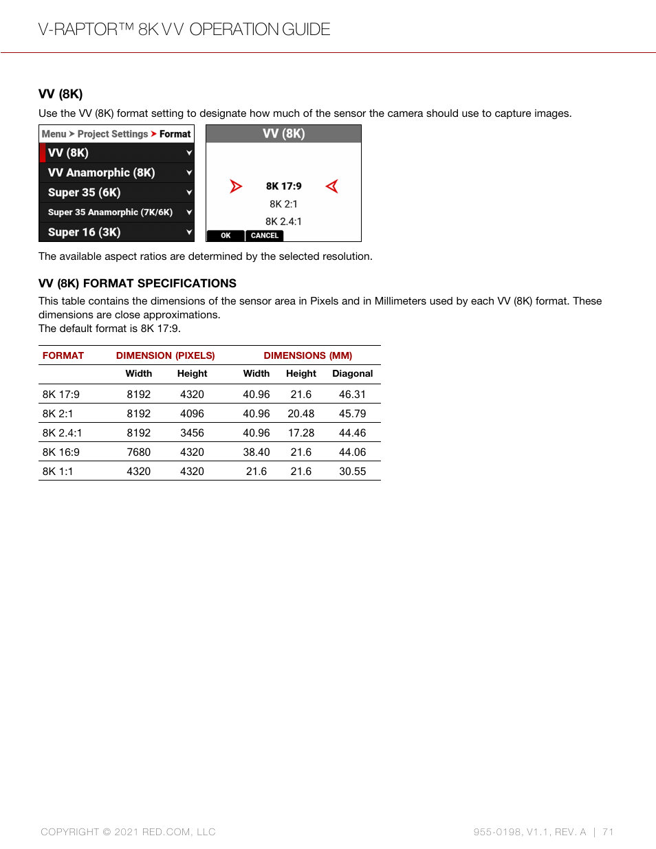 Vv (8k), V-raptor™ 8k v v operation guide | RED DIGITAL CINEMA V-RAPTOR 8K VV DSMC3 Camera (RF, Black) User Manual | Page 78 / 226