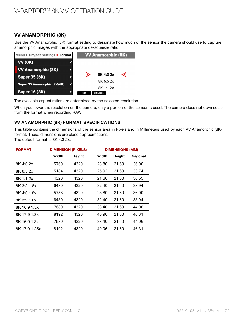 Vv anamorphic (8k), V-raptor™ 8k v v operation guide | RED DIGITAL CINEMA V-RAPTOR 8K VV DSMC3 Camera (RF, Black) User Manual | Page 79 / 226