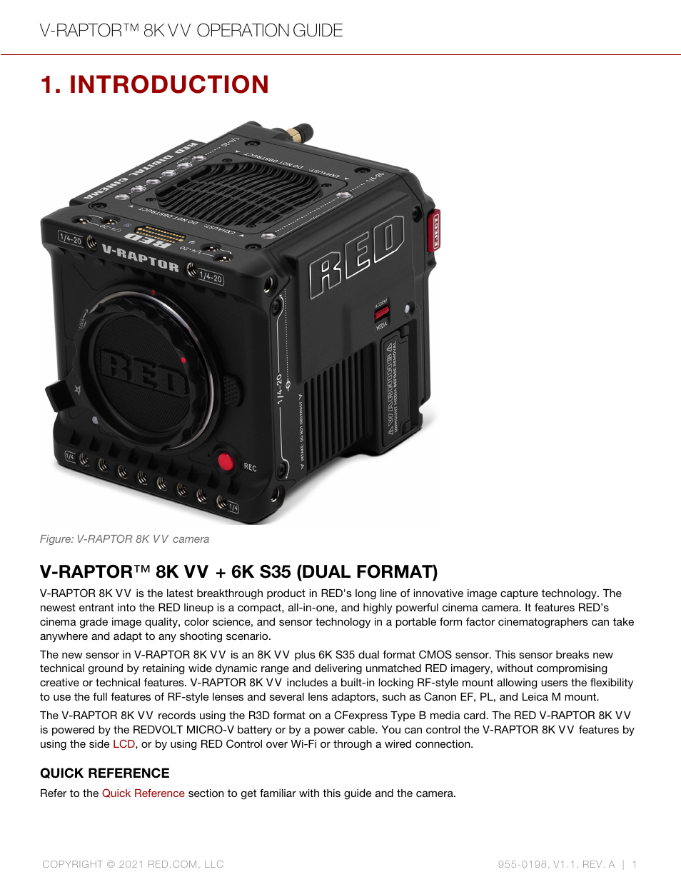 Introduction, V-raptor™ 8k vv + 6k s35 (dual format), V-raptor ™ 8k vv + 6k s35 (dual format) | V-raptor™ 8k v v operation guide | RED DIGITAL CINEMA V-RAPTOR 8K VV DSMC3 Camera (RF, Black) User Manual | Page 8 / 226