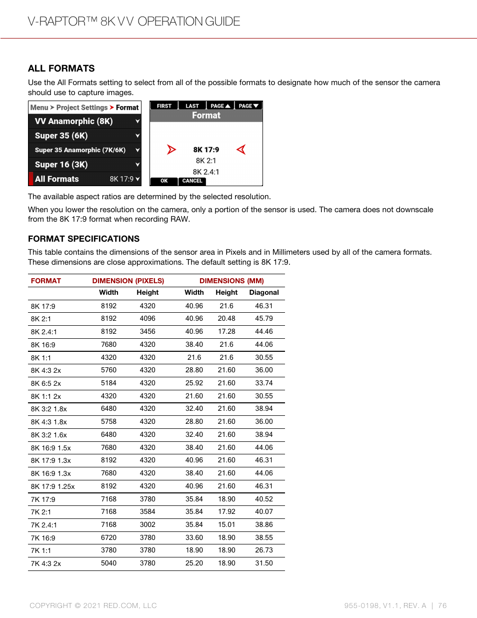 All formats, V-raptor™ 8k v v operation guide | RED DIGITAL CINEMA V-RAPTOR 8K VV DSMC3 Camera (RF, Black) User Manual | Page 83 / 226