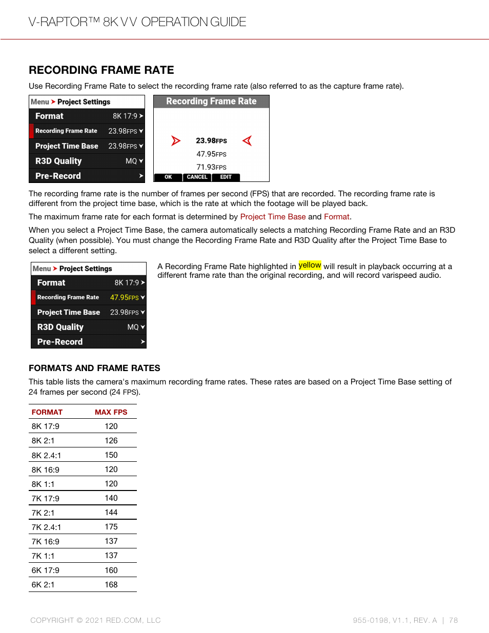 Recording frame rate, V-raptor™ 8k v v operation guide | RED DIGITAL CINEMA V-RAPTOR 8K VV DSMC3 Camera (RF, Black) User Manual | Page 85 / 226