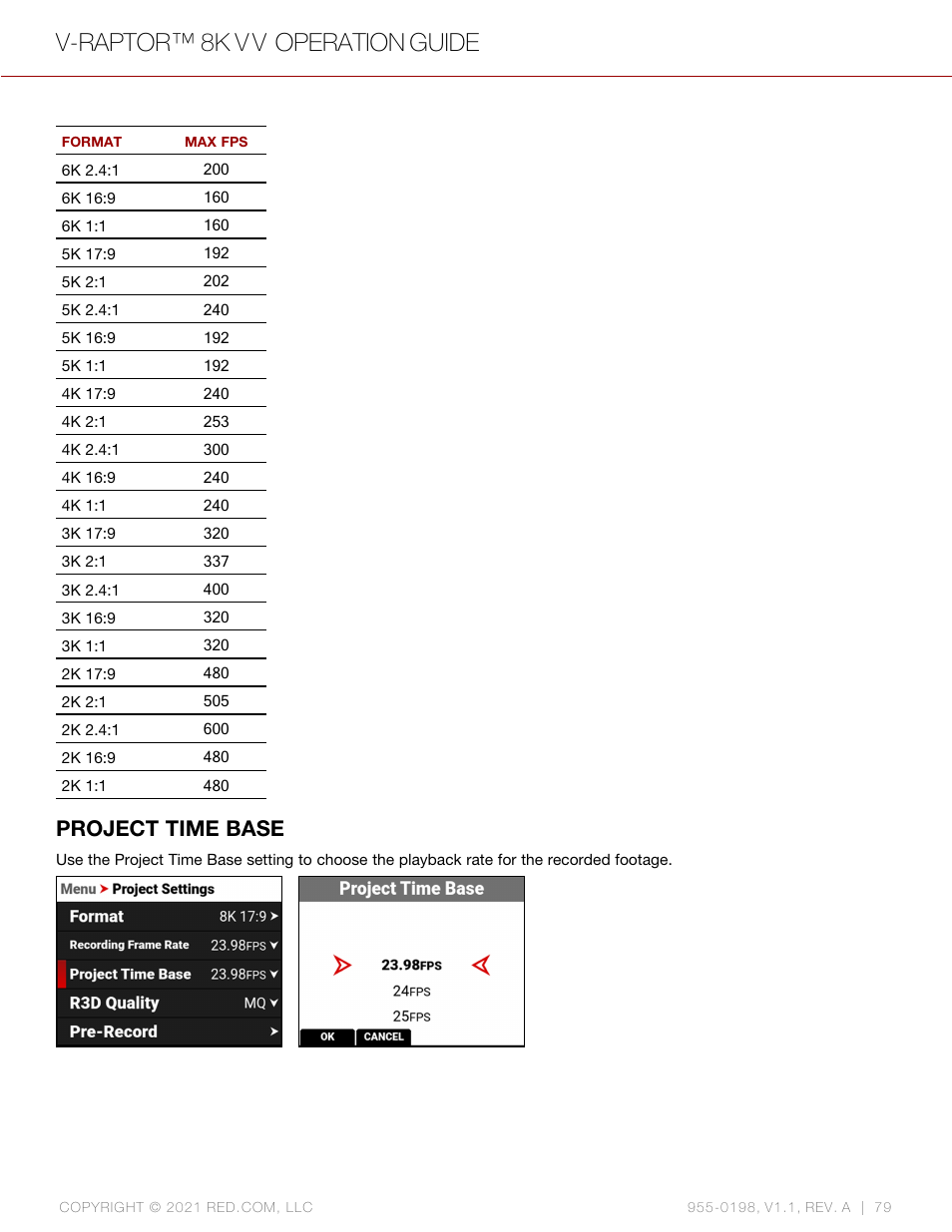 Project time base, V-raptor™ 8k v v operation guide | RED DIGITAL CINEMA V-RAPTOR 8K VV DSMC3 Camera (RF, Black) User Manual | Page 86 / 226