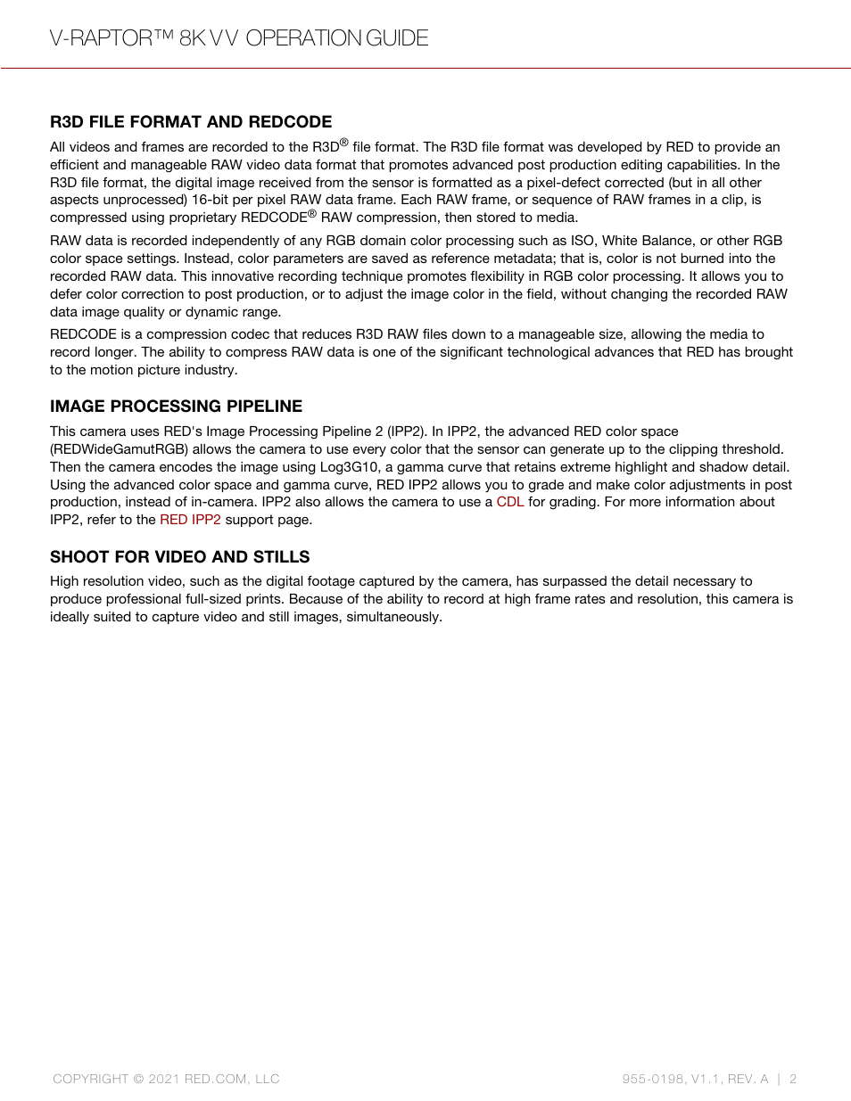 V-raptor™ 8k v v operation guide | RED DIGITAL CINEMA V-RAPTOR 8K VV DSMC3 Camera (RF, Black) User Manual | Page 9 / 226