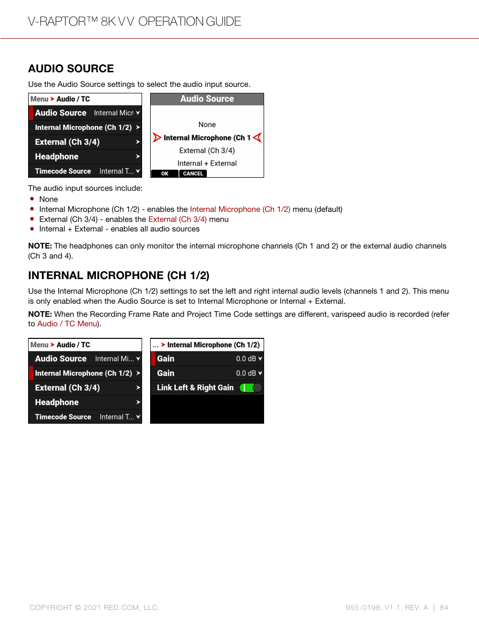 Audio source, Internal microphone (ch 1/2), V-raptor™ 8k v v operation guide | RED DIGITAL CINEMA V-RAPTOR 8K VV DSMC3 Camera (RF, Black) User Manual | Page 91 / 226
