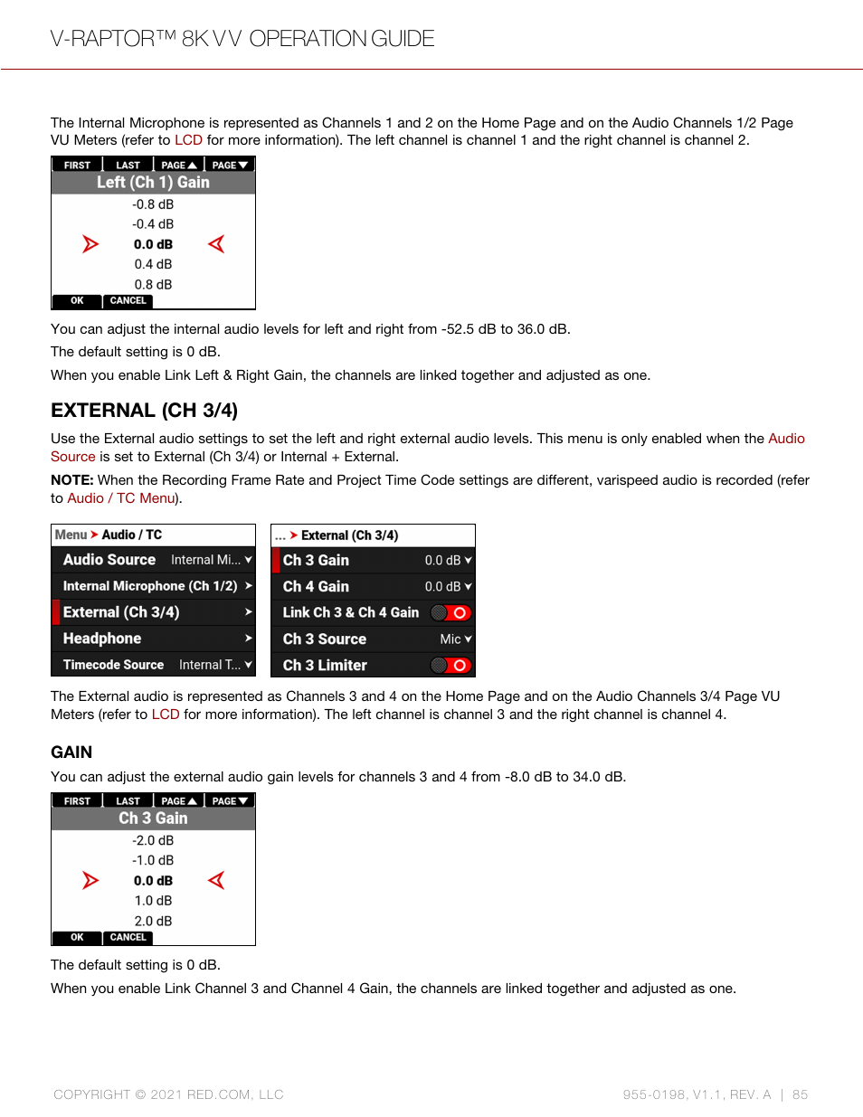 External (ch 3/4), V-raptor™ 8k v v operation guide | RED DIGITAL CINEMA V-RAPTOR 8K VV DSMC3 Camera (RF, Black) User Manual | Page 92 / 226