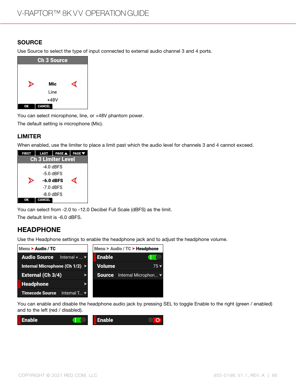 Headphone, V-raptor™ 8k v v operation guide | RED DIGITAL CINEMA V-RAPTOR 8K VV DSMC3 Camera (RF, Black) User Manual | Page 93 / 226