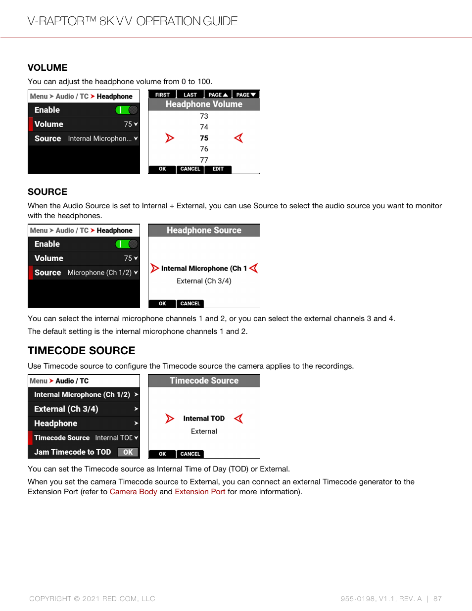 Timecode source, V-raptor™ 8k v v operation guide | RED DIGITAL CINEMA V-RAPTOR 8K VV DSMC3 Camera (RF, Black) User Manual | Page 94 / 226
