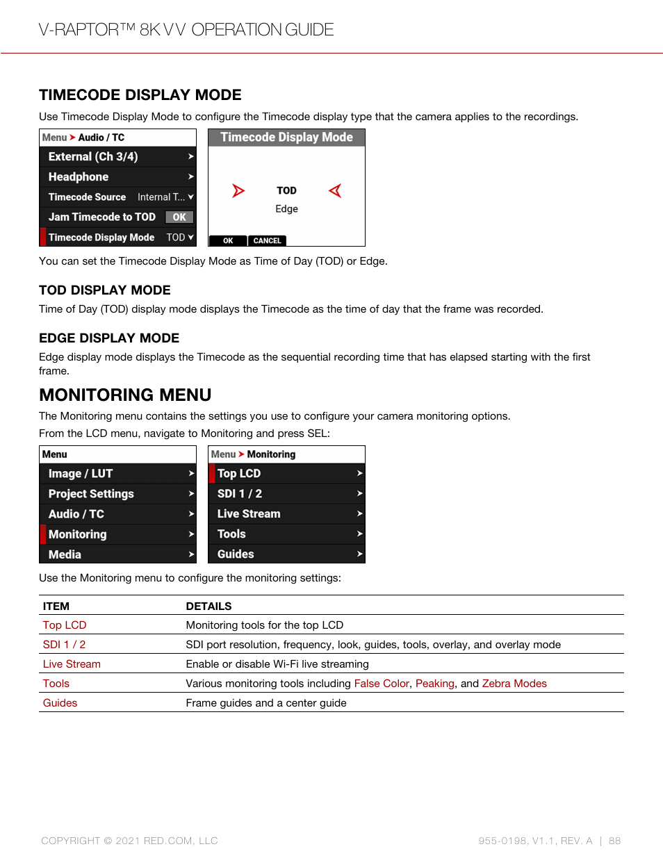 Timecode display mode, Monitoring menu, V-raptor™ 8k v v operation guide | RED DIGITAL CINEMA V-RAPTOR 8K VV DSMC3 Camera (RF, Black) User Manual | Page 95 / 226