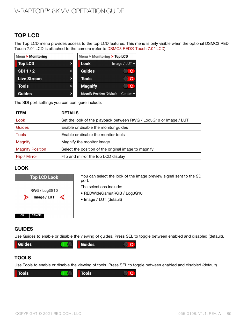 Top lcd, V-raptor™ 8k v v operation guide | RED DIGITAL CINEMA V-RAPTOR 8K VV DSMC3 Camera (RF, Black) User Manual | Page 96 / 226