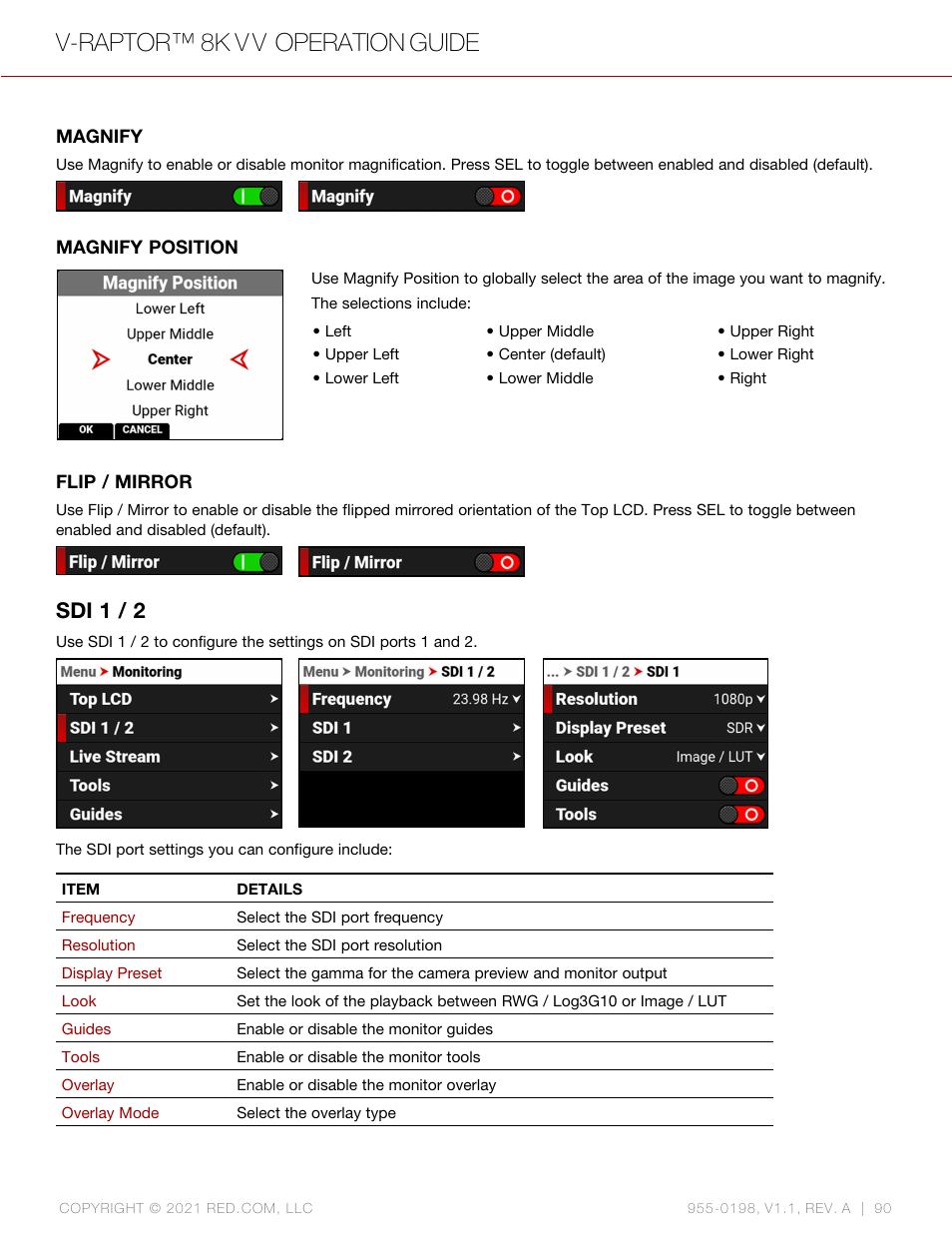 Sdi 1 / 2, Magnify, Magnify position | Flip / mirror, V-raptor™ 8k v v operation guide | RED DIGITAL CINEMA V-RAPTOR 8K VV DSMC3 Camera (RF, Black) User Manual | Page 97 / 226
