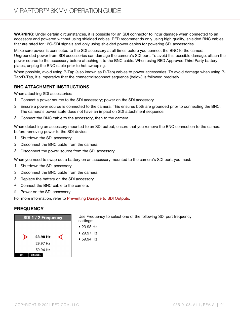 Frequency, V-raptor™ 8k v v operation guide | RED DIGITAL CINEMA V-RAPTOR 8K VV DSMC3 Camera (RF, Black) User Manual | Page 98 / 226