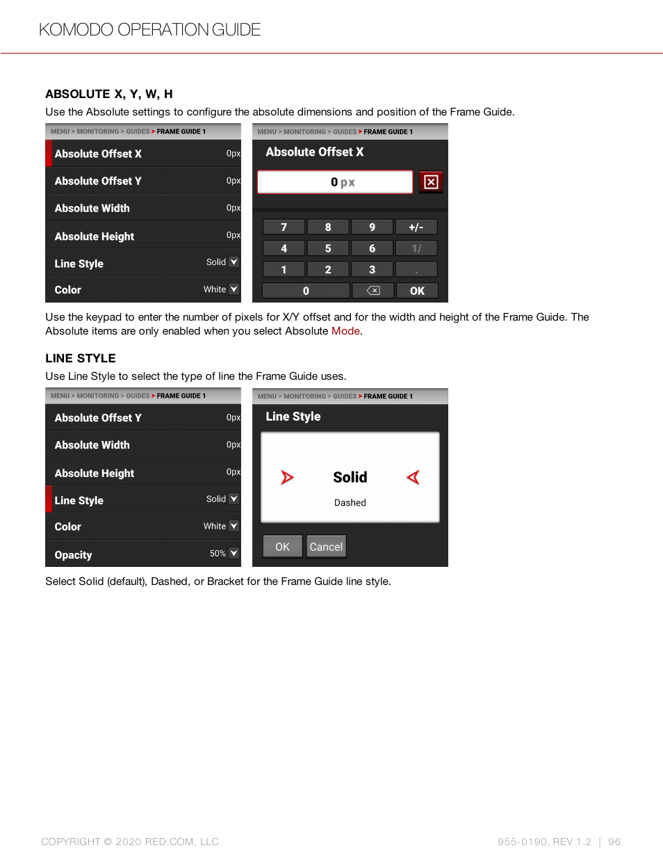 Absolute x, y, w, h, Line style, Komodo operation guide | RED DIGITAL CINEMA KOMODO 6K Digital Cinema Camera (RF) User Manual | Page 104 / 185