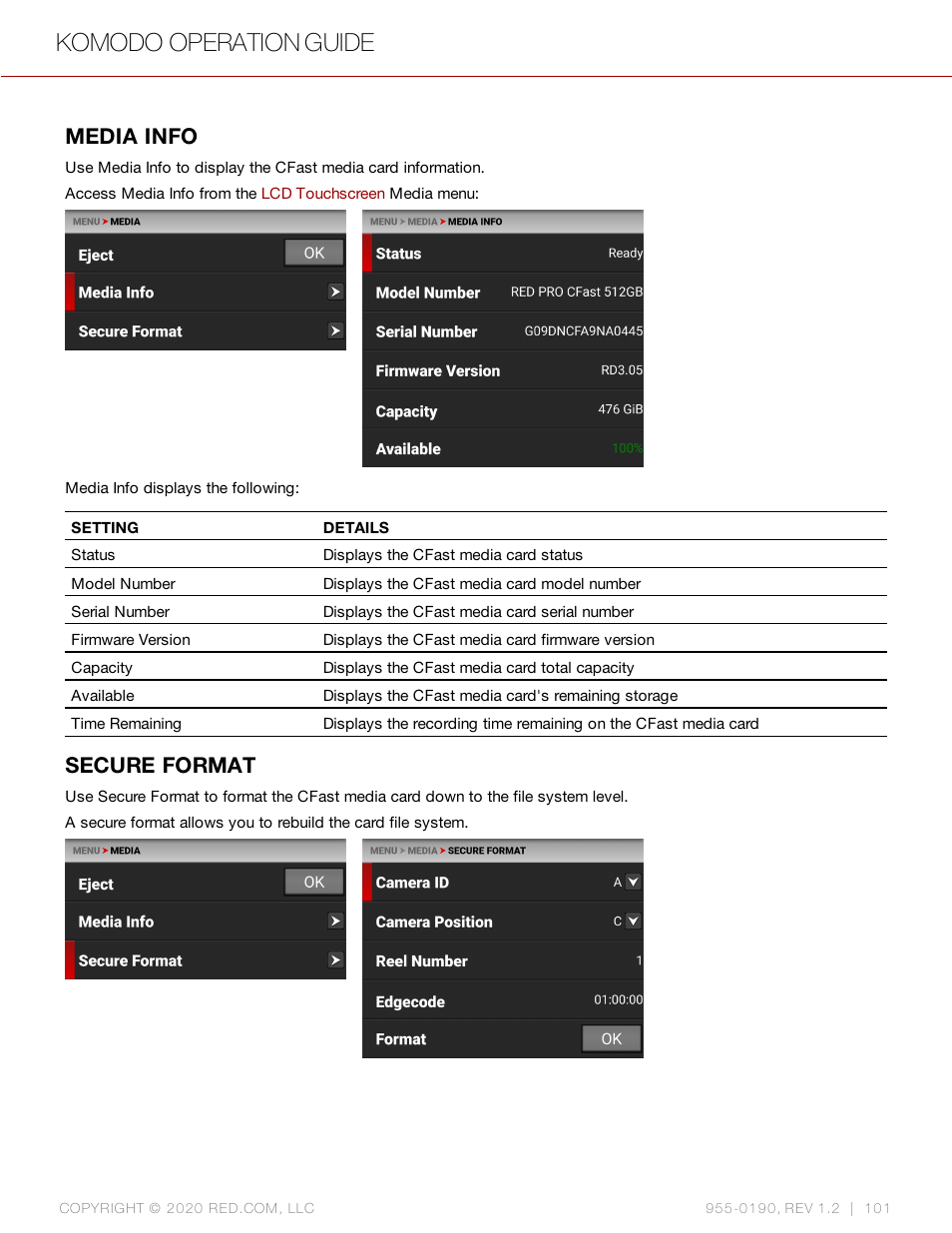 Media info, Secure format, Komodo operation guide | RED DIGITAL CINEMA KOMODO 6K Digital Cinema Camera (RF) User Manual | Page 109 / 185