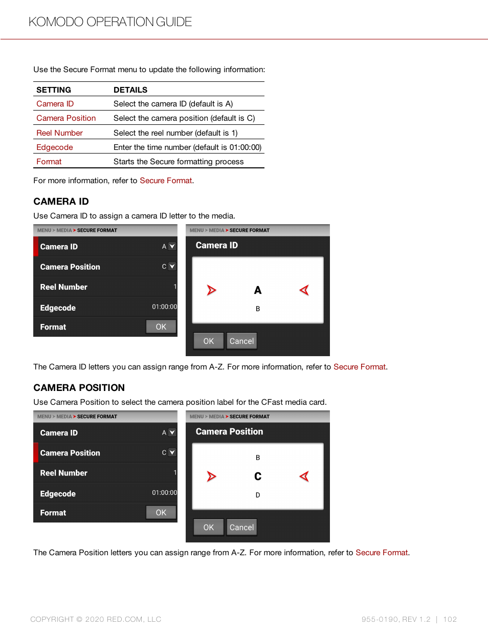 Camera id, Komodo operation guide | RED DIGITAL CINEMA KOMODO 6K Digital Cinema Camera (RF) User Manual | Page 110 / 185