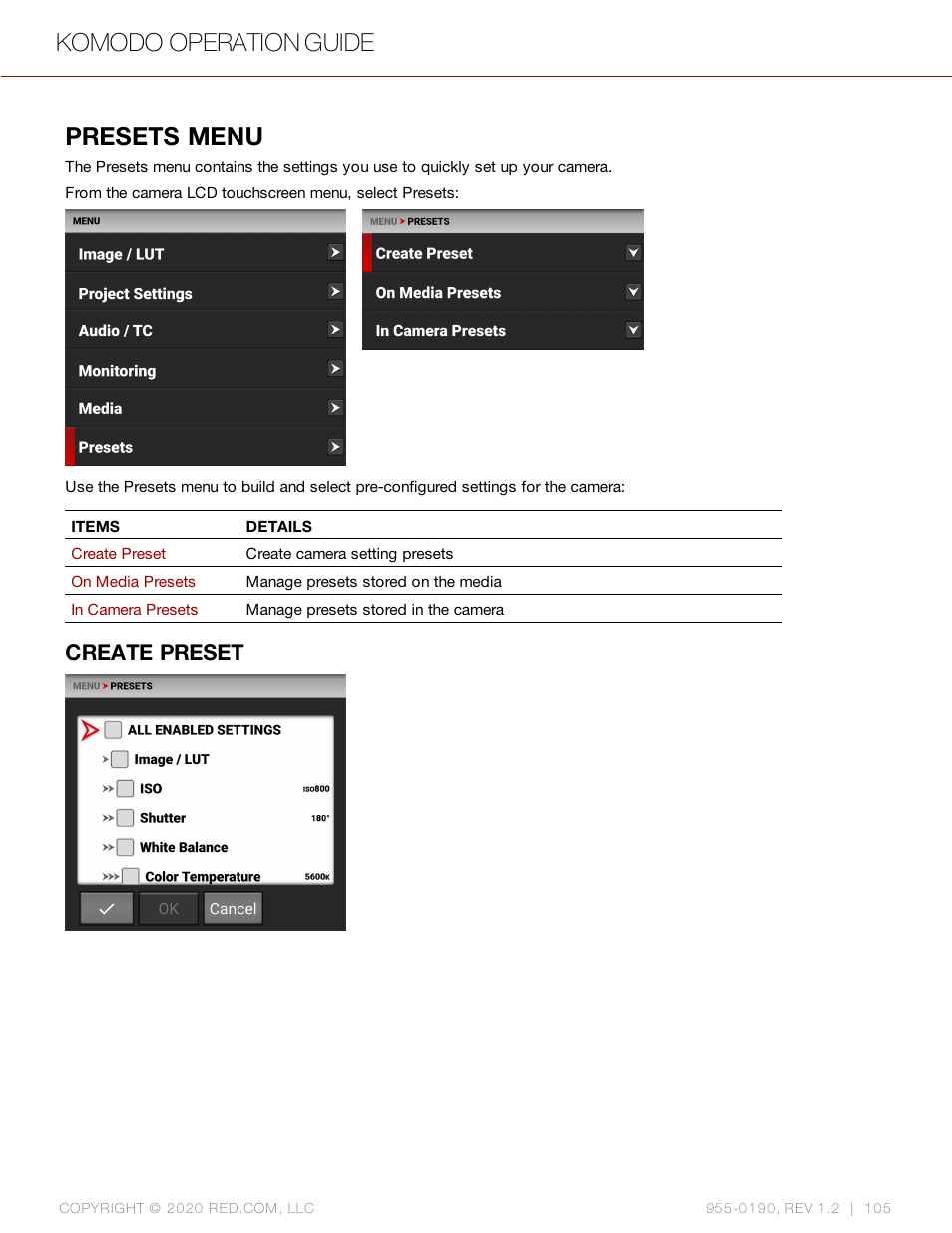 Presets menu, Create preset, Komodo operation guide | RED DIGITAL CINEMA KOMODO 6K Digital Cinema Camera (RF) User Manual | Page 113 / 185