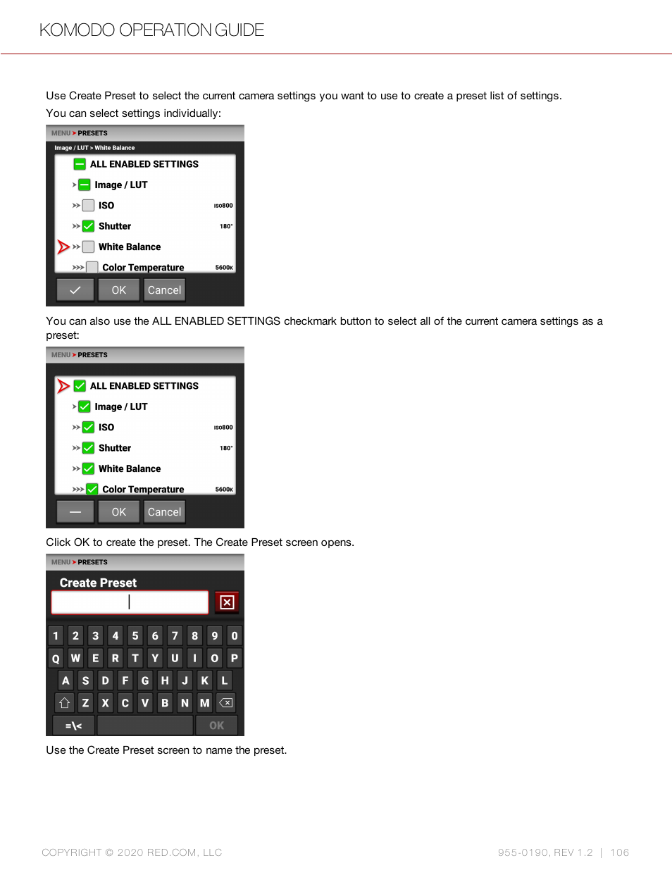 Komodo operation guide | RED DIGITAL CINEMA KOMODO 6K Digital Cinema Camera (RF) User Manual | Page 114 / 185