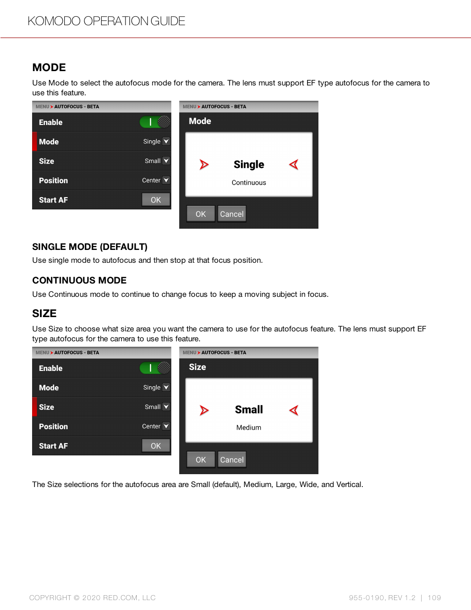 Mode, Size, Komodo operation guide | RED DIGITAL CINEMA KOMODO 6K Digital Cinema Camera (RF) User Manual | Page 117 / 185