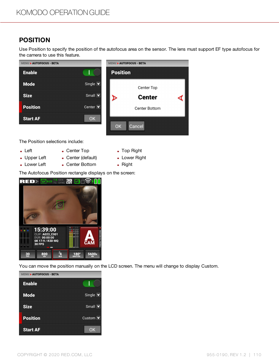 Position, Komodo operation guide | RED DIGITAL CINEMA KOMODO 6K Digital Cinema Camera (RF) User Manual | Page 118 / 185