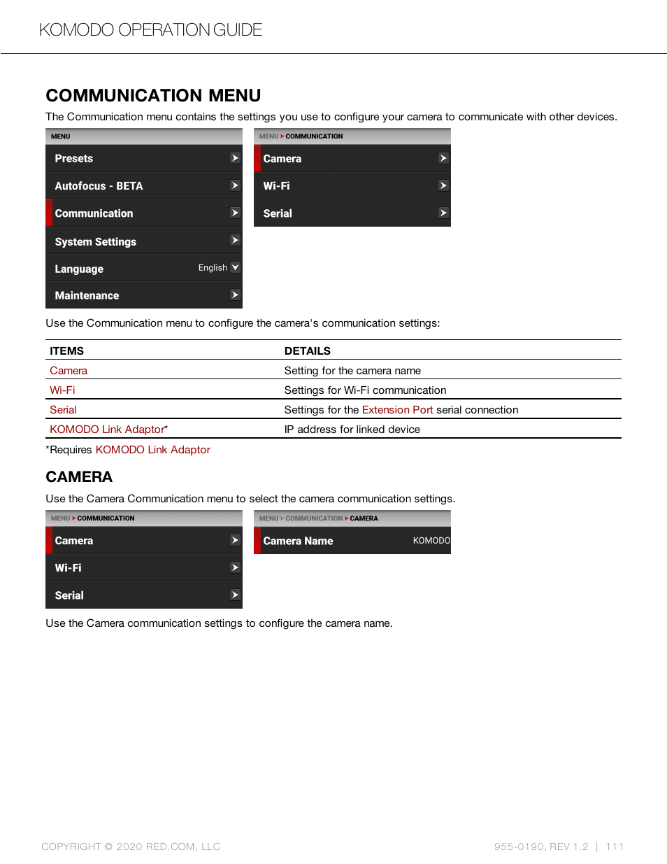 Communication menu, Camera, Komodo operation guide | RED DIGITAL CINEMA KOMODO 6K Digital Cinema Camera (RF) User Manual | Page 119 / 185