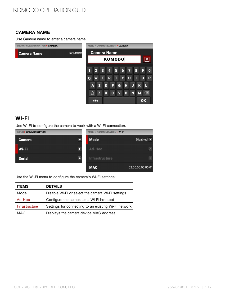 Wi-fi, Komodo operation guide | RED DIGITAL CINEMA KOMODO 6K Digital Cinema Camera (RF) User Manual | Page 120 / 185