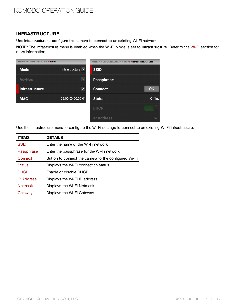 Infrastructure, Komodo operation guide | RED DIGITAL CINEMA KOMODO 6K Digital Cinema Camera (RF) User Manual | Page 125 / 185