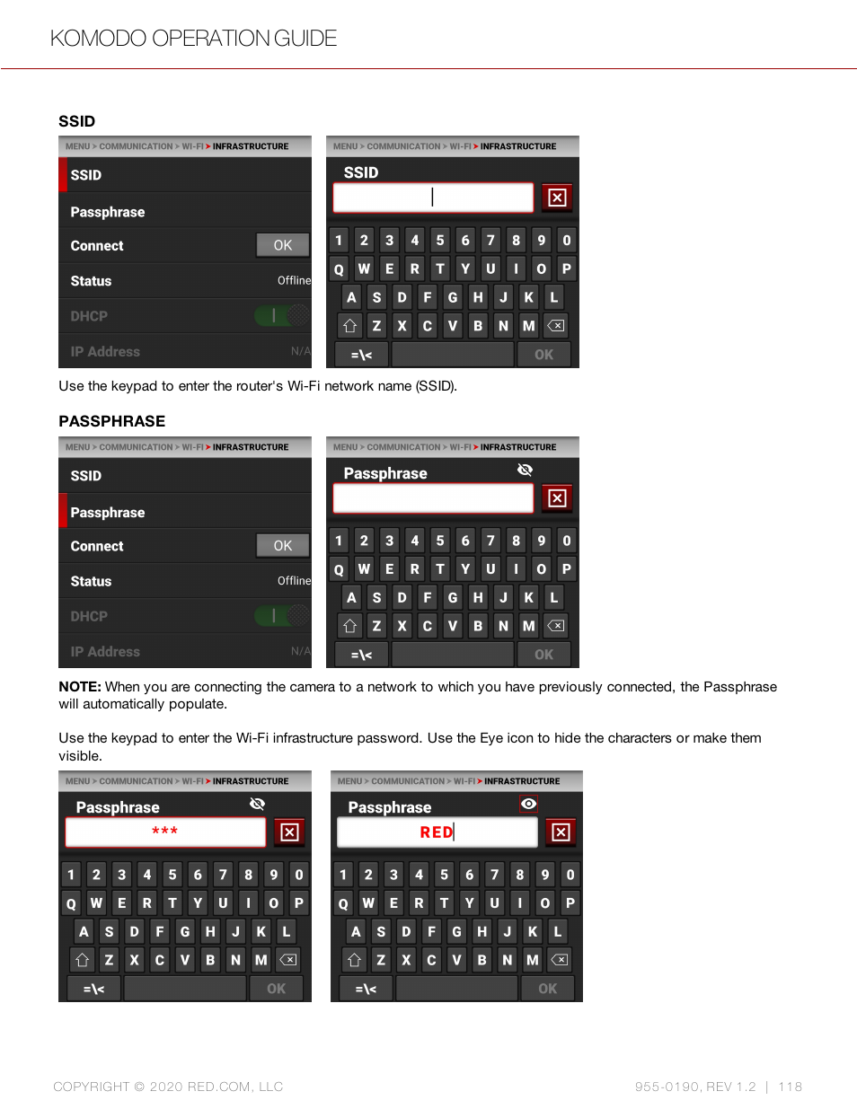 Ssid, Passphrase, Komodo operation guide | RED DIGITAL CINEMA KOMODO 6K Digital Cinema Camera (RF) User Manual | Page 126 / 185