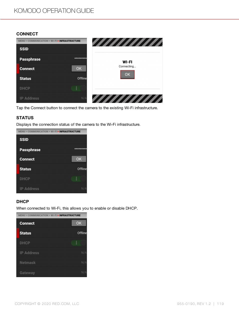 Connect, Status, Dhcp | Komodo operation guide | RED DIGITAL CINEMA KOMODO 6K Digital Cinema Camera (RF) User Manual | Page 127 / 185