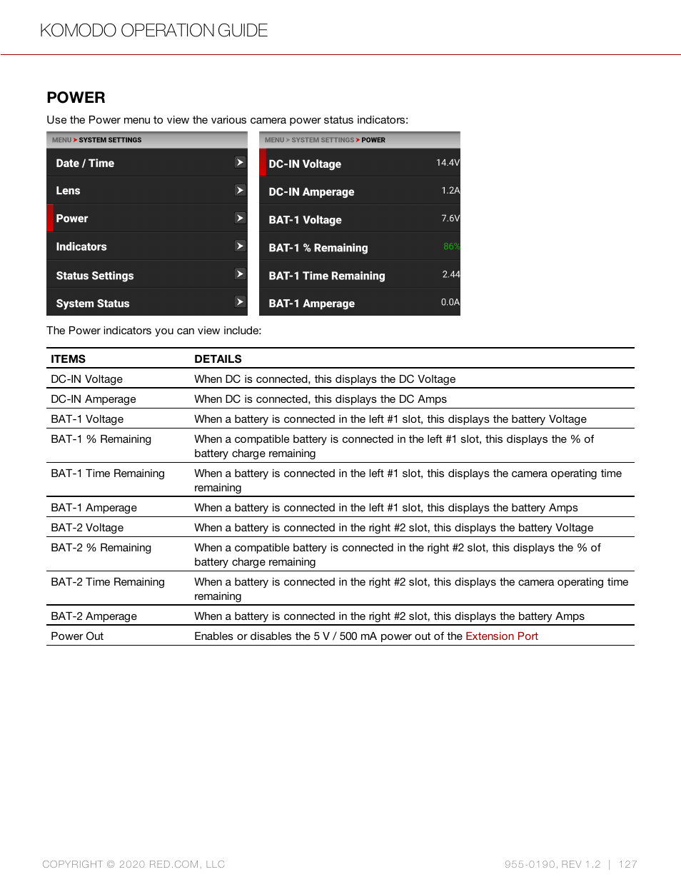 Power, Komodo operation guide | RED DIGITAL CINEMA KOMODO 6K Digital Cinema Camera (RF) User Manual | Page 135 / 185