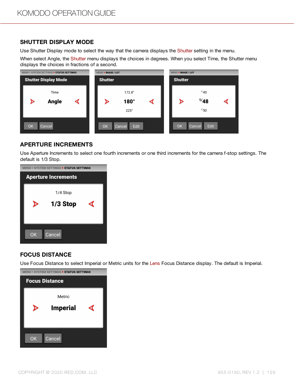 Shutter display mode, Aperture increments, Focus distance | Komodo operation guide | RED DIGITAL CINEMA KOMODO 6K Digital Cinema Camera (RF) User Manual | Page 137 / 185