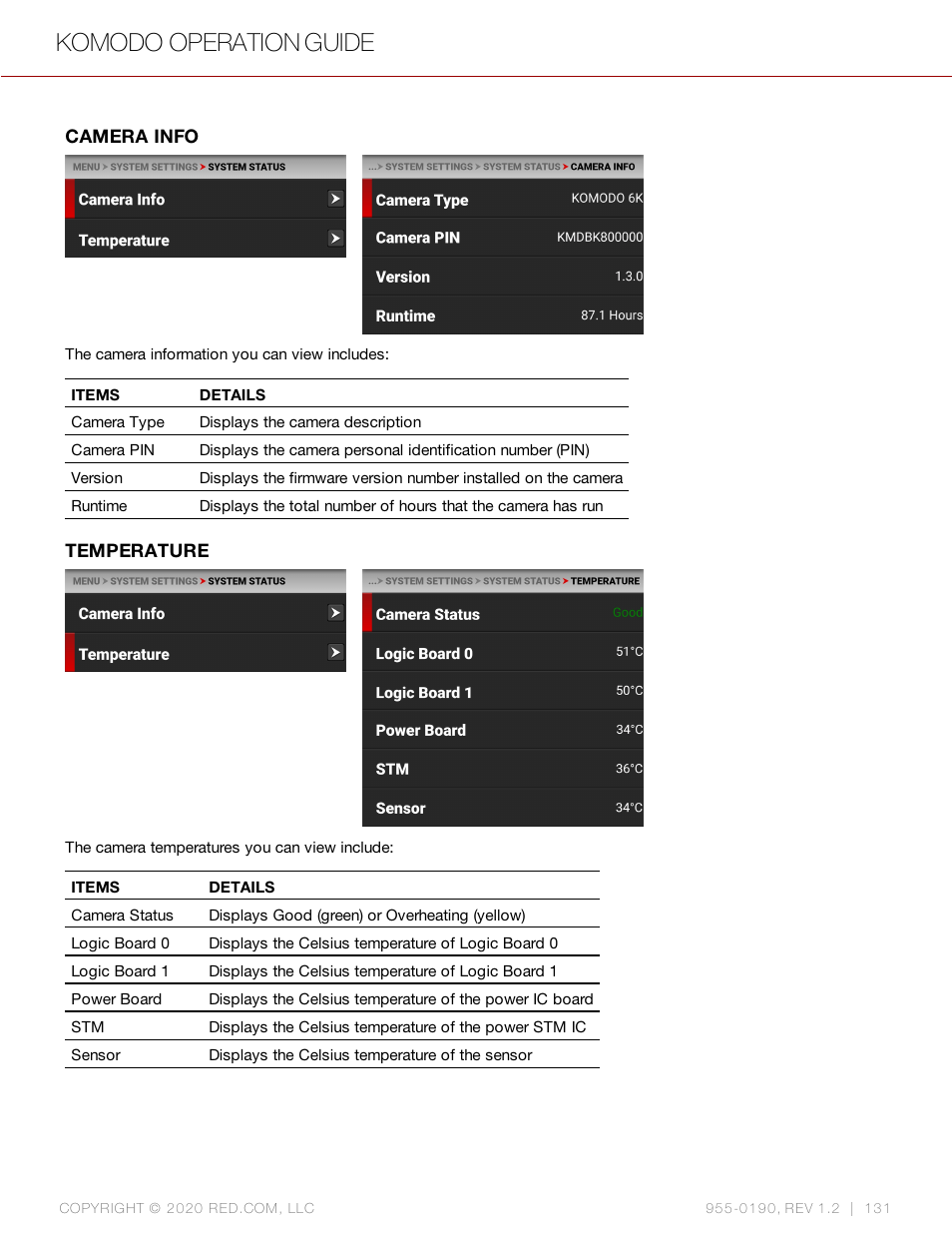 Komodo operation guide | RED DIGITAL CINEMA KOMODO 6K Digital Cinema Camera (RF) User Manual | Page 139 / 185