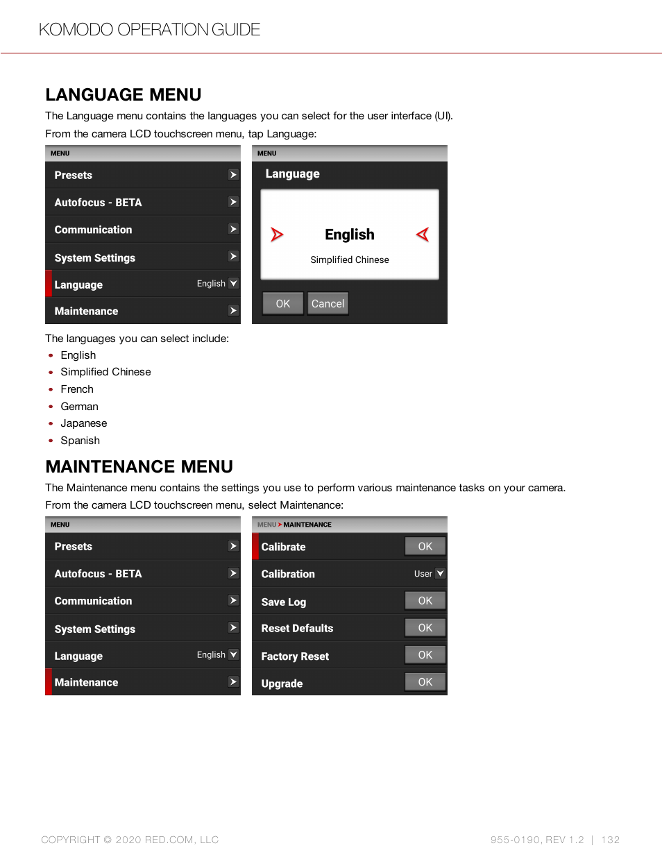 Language menu, Maintenance menu, Komodo operation guide | RED DIGITAL CINEMA KOMODO 6K Digital Cinema Camera (RF) User Manual | Page 140 / 185