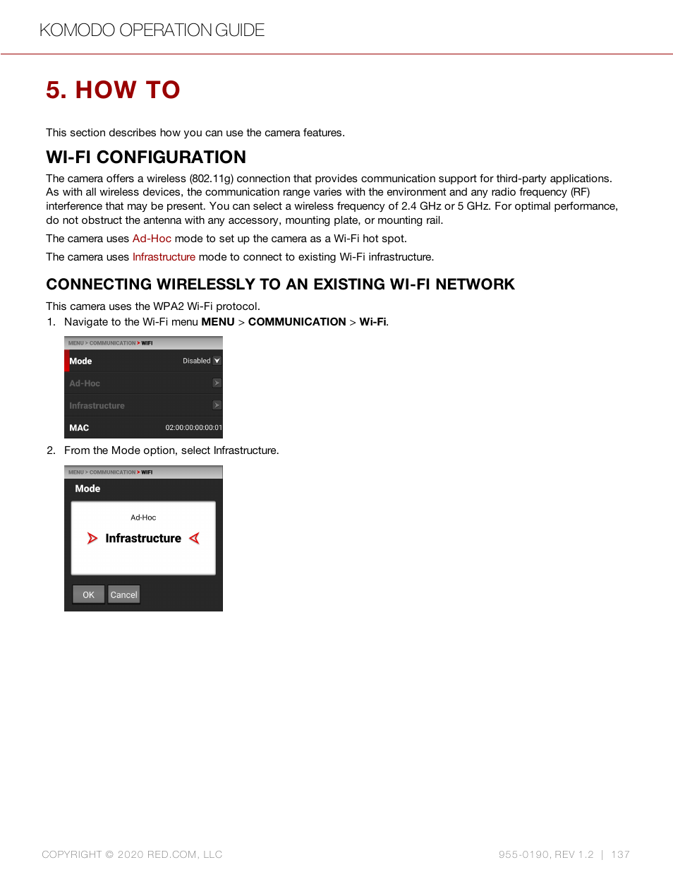 How to, Wi-fi configuration, Connecting wirelessly to an existing wi-fi network | Komodo operation guide | RED DIGITAL CINEMA KOMODO 6K Digital Cinema Camera (RF) User Manual | Page 145 / 185