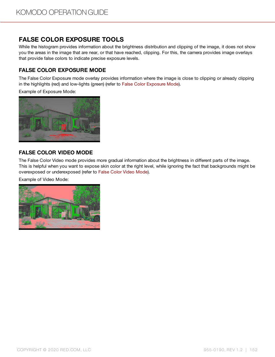 False color exposure tools, Komodo operation guide | RED DIGITAL CINEMA KOMODO 6K Digital Cinema Camera (RF) User Manual | Page 160 / 185