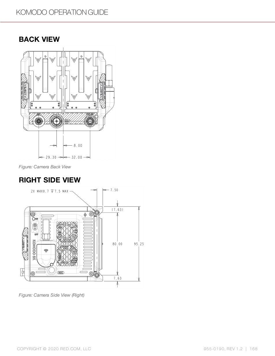 Back view, Right side view, Komodo operation guide | RED DIGITAL CINEMA KOMODO 6K Digital Cinema Camera (RF) User Manual | Page 176 / 185