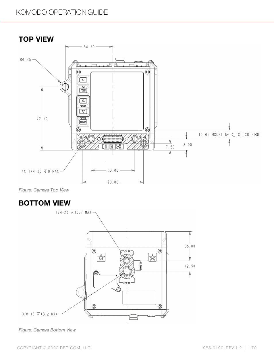 Top view, Bottom view, Komodo operation guide | RED DIGITAL CINEMA KOMODO 6K Digital Cinema Camera (RF) User Manual | Page 178 / 185