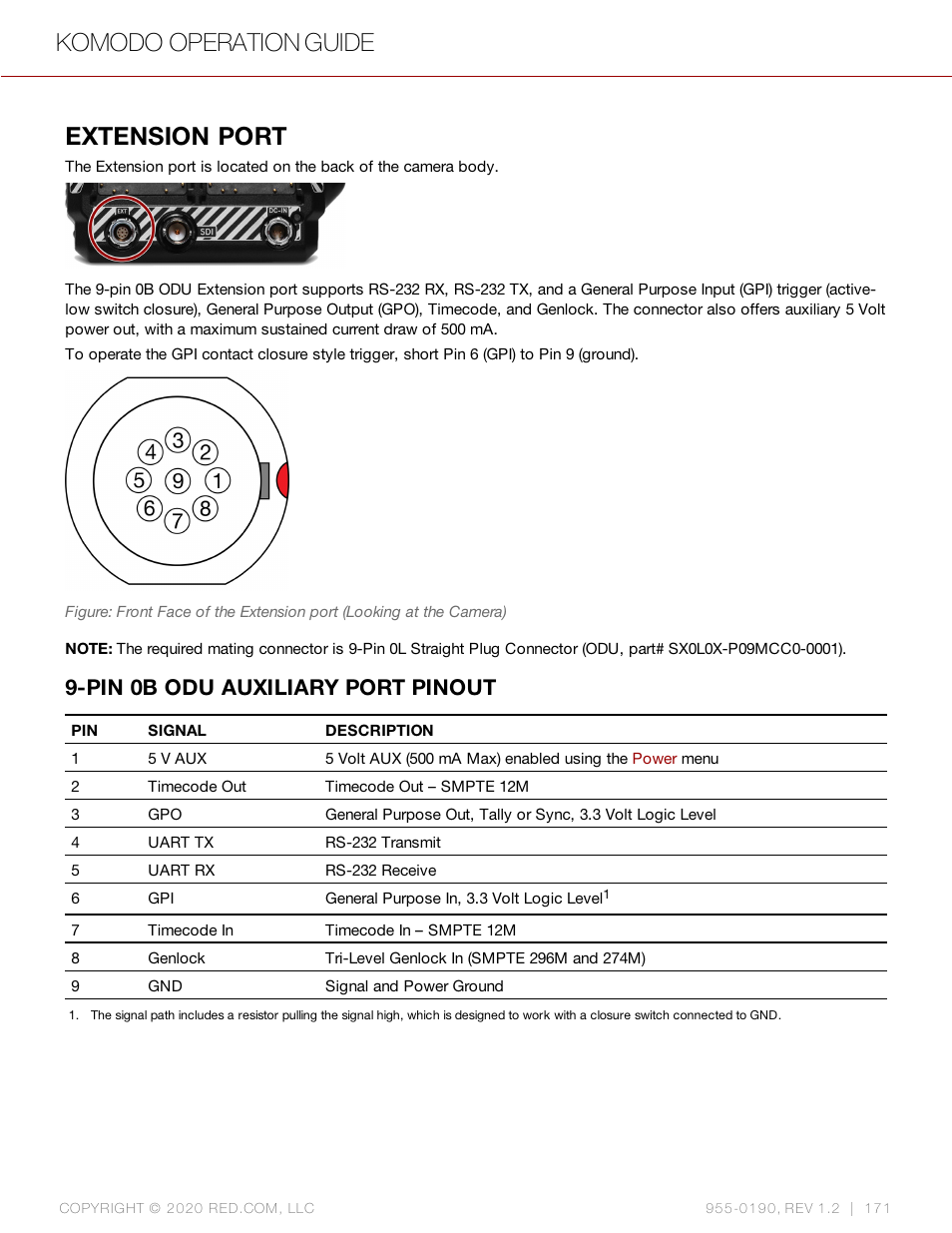 Extension port, Pin 0b odu auxiliary port pinout, Komodo operation guide | RED DIGITAL CINEMA KOMODO 6K Digital Cinema Camera (RF) User Manual | Page 179 / 185