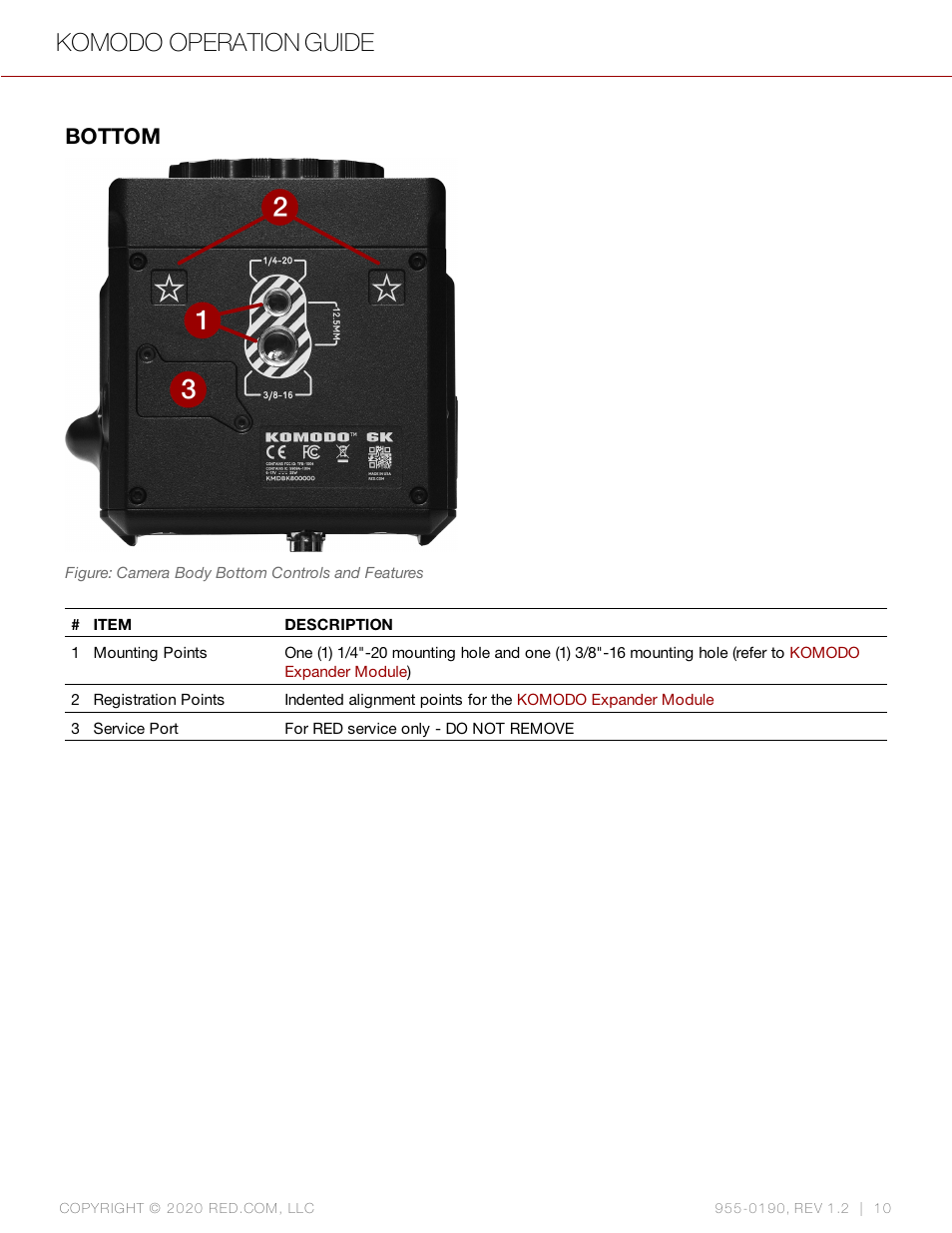 Bottom, Komodo operation guide | RED DIGITAL CINEMA KOMODO 6K Digital Cinema Camera (RF) User Manual | Page 18 / 185