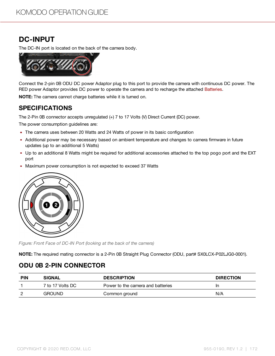 Dc-input, Specifications, Odu 0b 2-pin connector | Komodo operation guide | RED DIGITAL CINEMA KOMODO 6K Digital Cinema Camera (RF) User Manual | Page 180 / 185