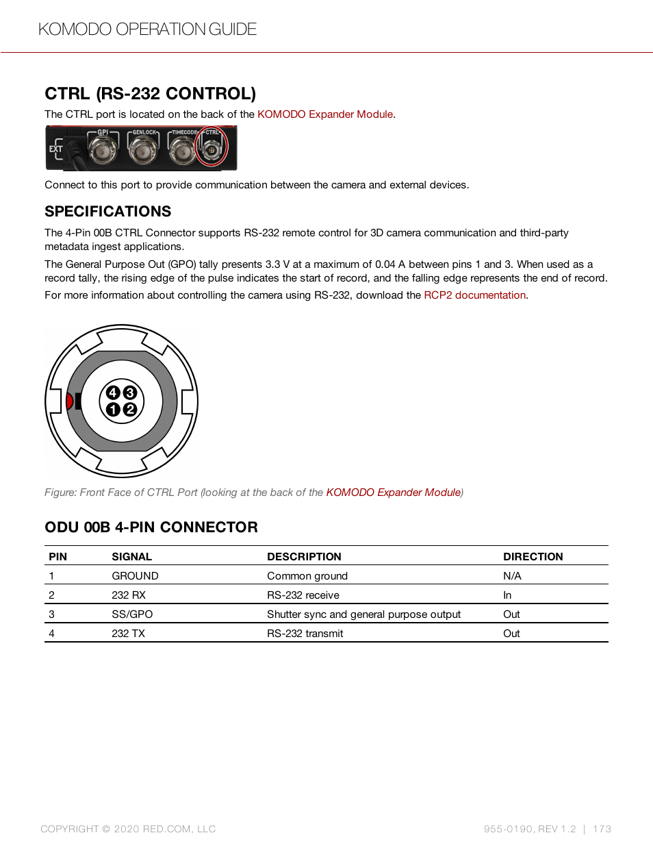 Ctrl (rs-232 control), Specifications, Odu 00b 4-pin connector | Komodo operation guide | RED DIGITAL CINEMA KOMODO 6K Digital Cinema Camera (RF) User Manual | Page 181 / 185