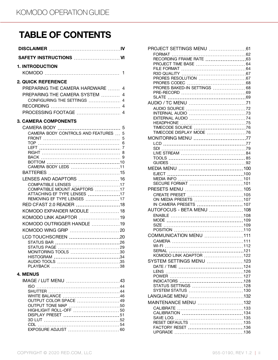 RED DIGITAL CINEMA KOMODO 6K Digital Cinema Camera (RF) User Manual | Page 2 / 185
