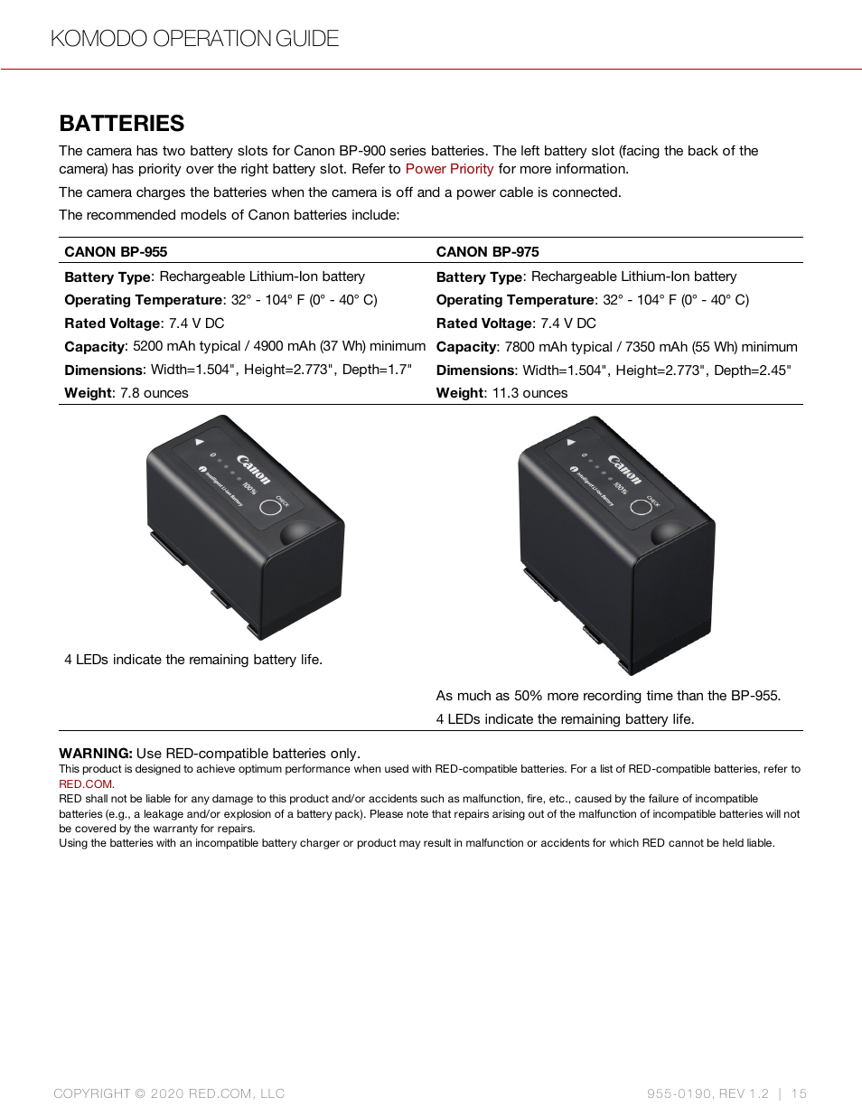 Batteries, Komodo operation guide | RED DIGITAL CINEMA KOMODO 6K Digital Cinema Camera (RF) User Manual | Page 23 / 185