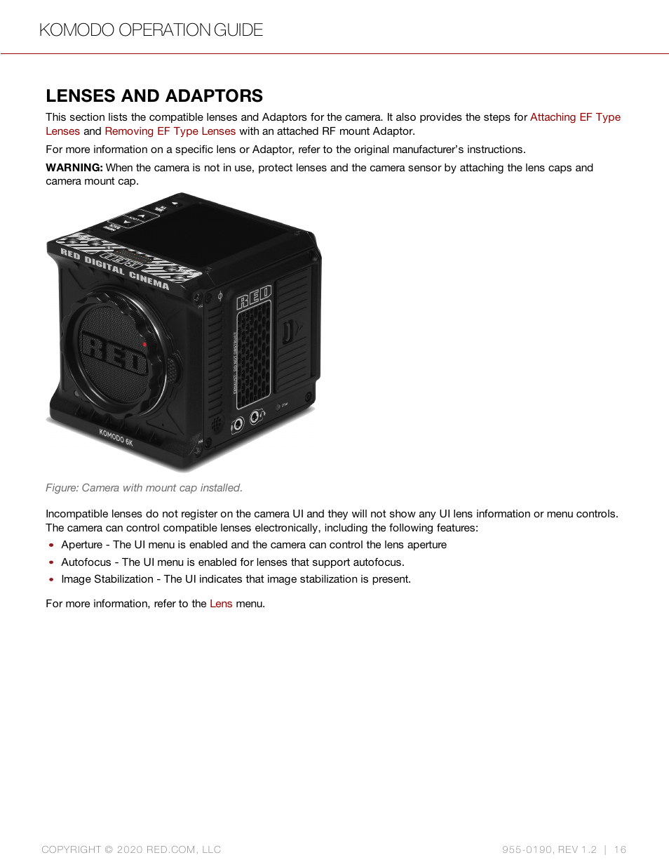 Lenses and adaptors, Komodo operation guide | RED DIGITAL CINEMA KOMODO 6K Digital Cinema Camera (RF) User Manual | Page 24 / 185