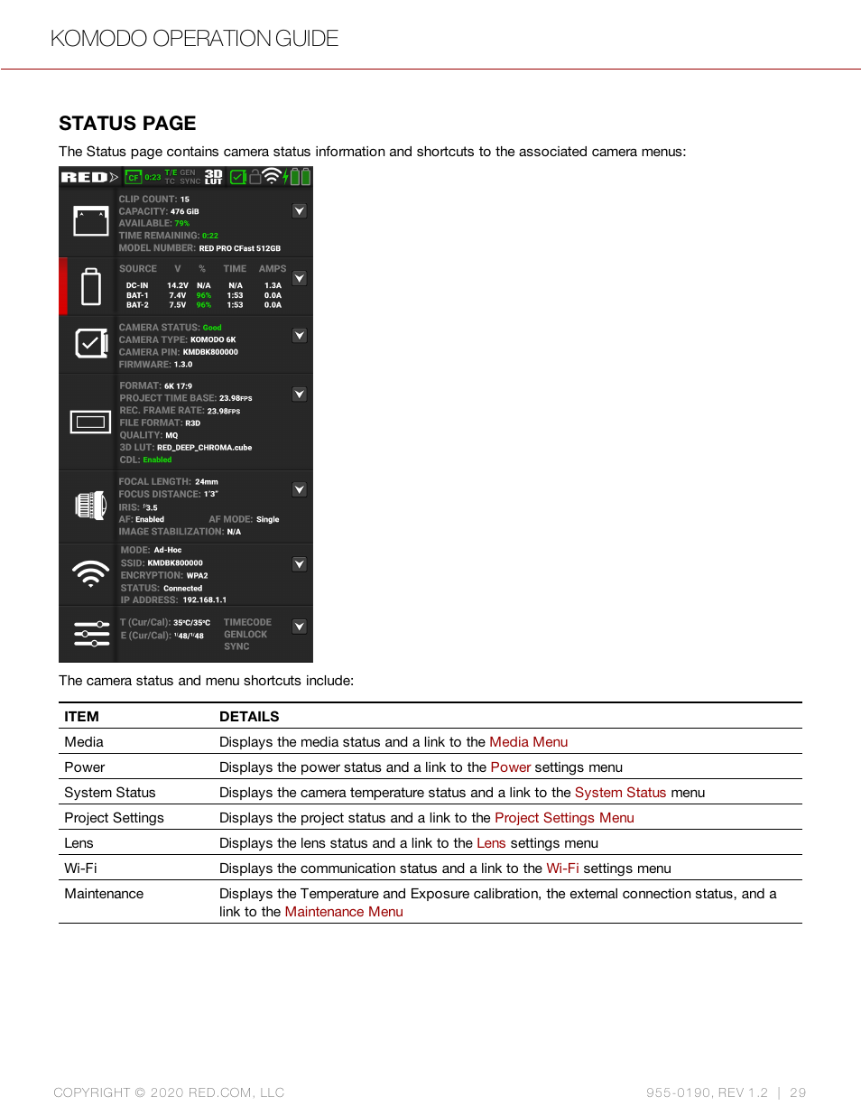 Komodo operation guide, Status page | RED DIGITAL CINEMA KOMODO 6K Digital Cinema Camera (RF) User Manual | Page 37 / 185