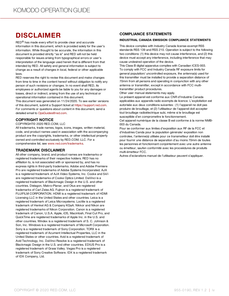 Disclaimer, Komodo operation guide | RED DIGITAL CINEMA KOMODO 6K Digital Cinema Camera (RF) User Manual | Page 4 / 185