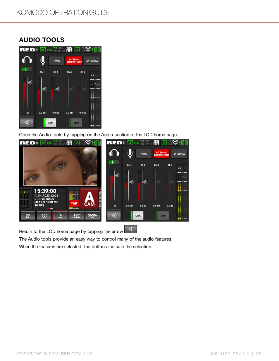 Audio tools, Komodo operation guide | RED DIGITAL CINEMA KOMODO 6K Digital Cinema Camera (RF) User Manual | Page 43 / 185